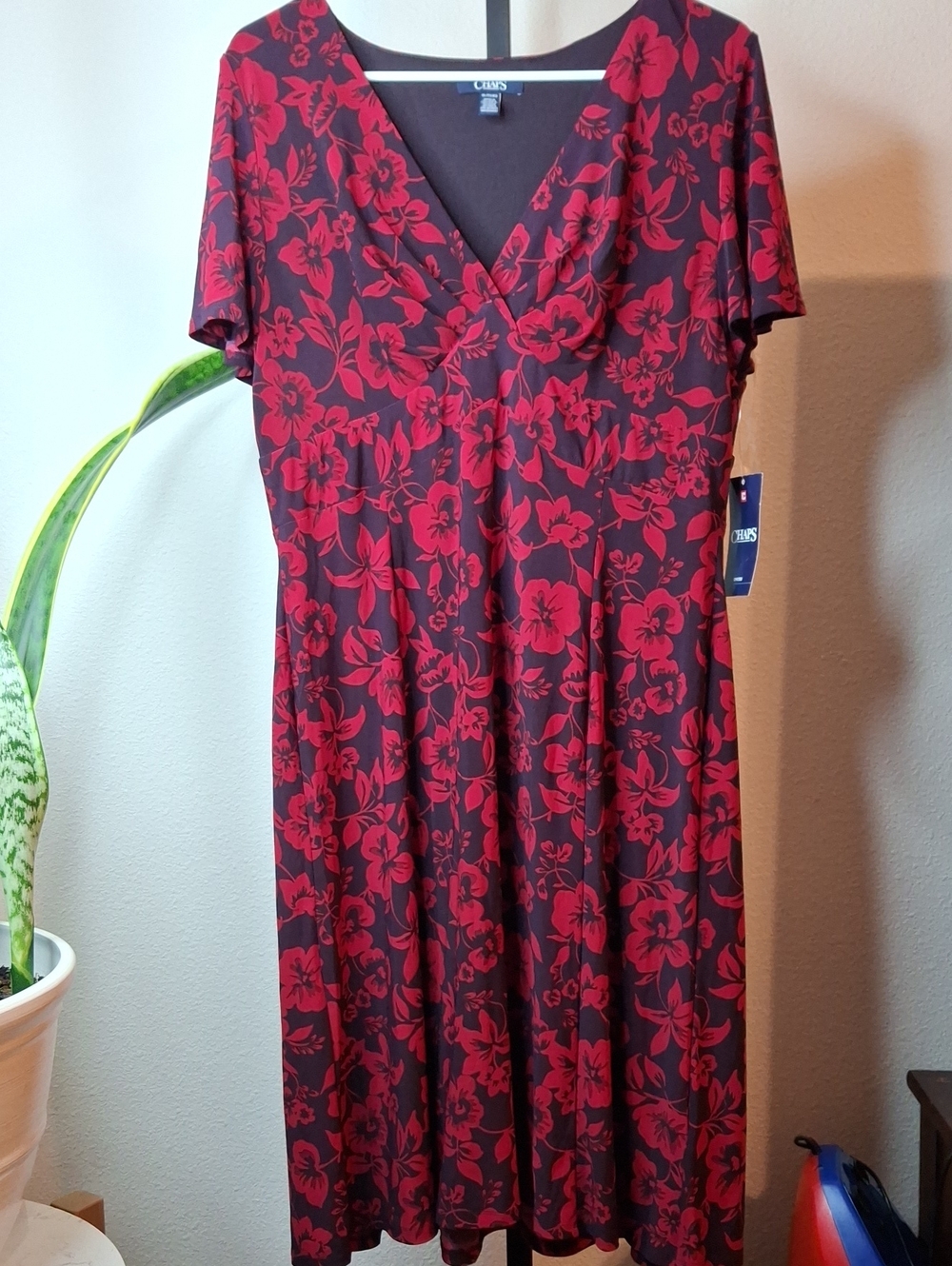 Chaps Black Midi Dress with Red Floral Print NWT Retail $95